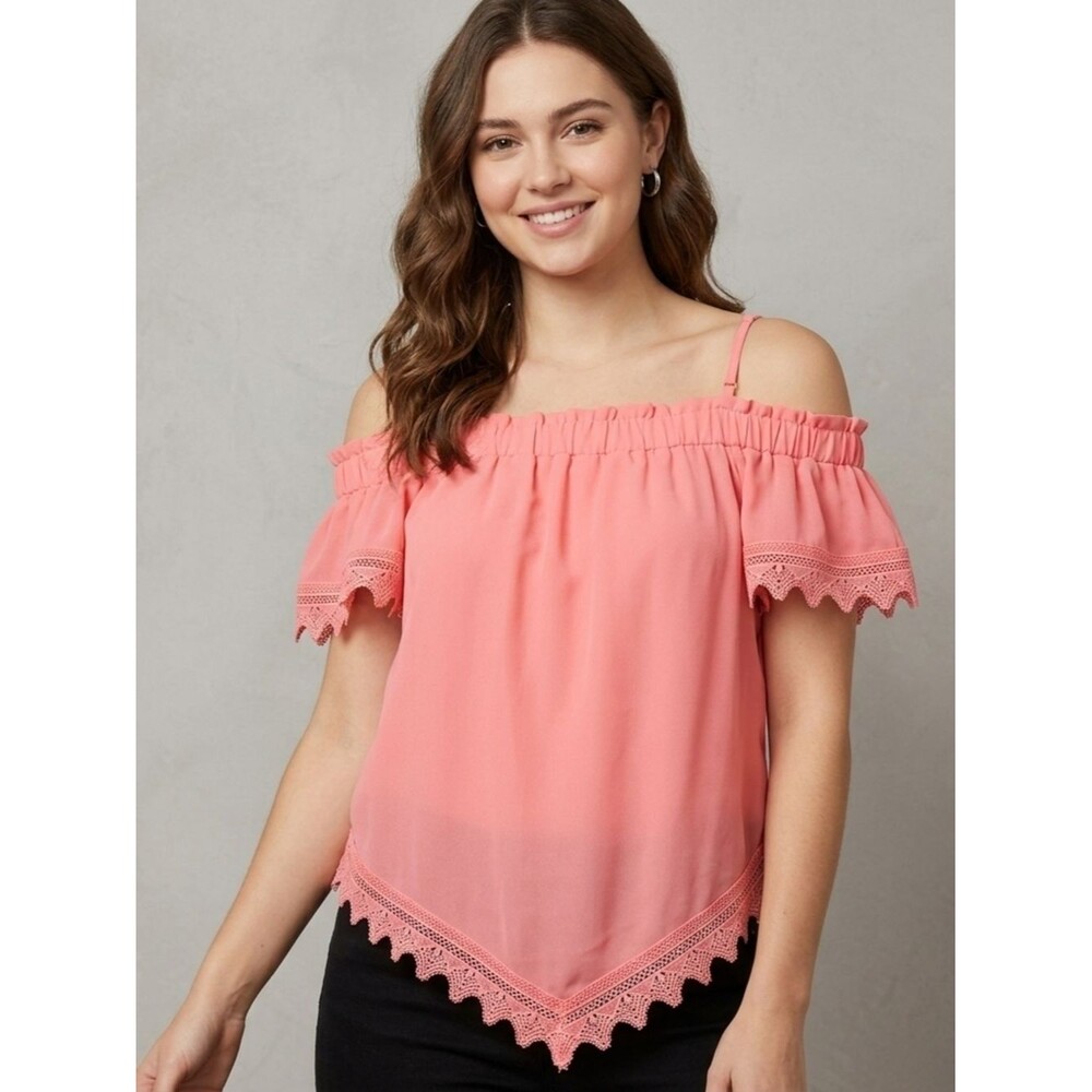 by & by Pink Lace Trim Cold Shoulder Boho Blouse Top Womens Medium